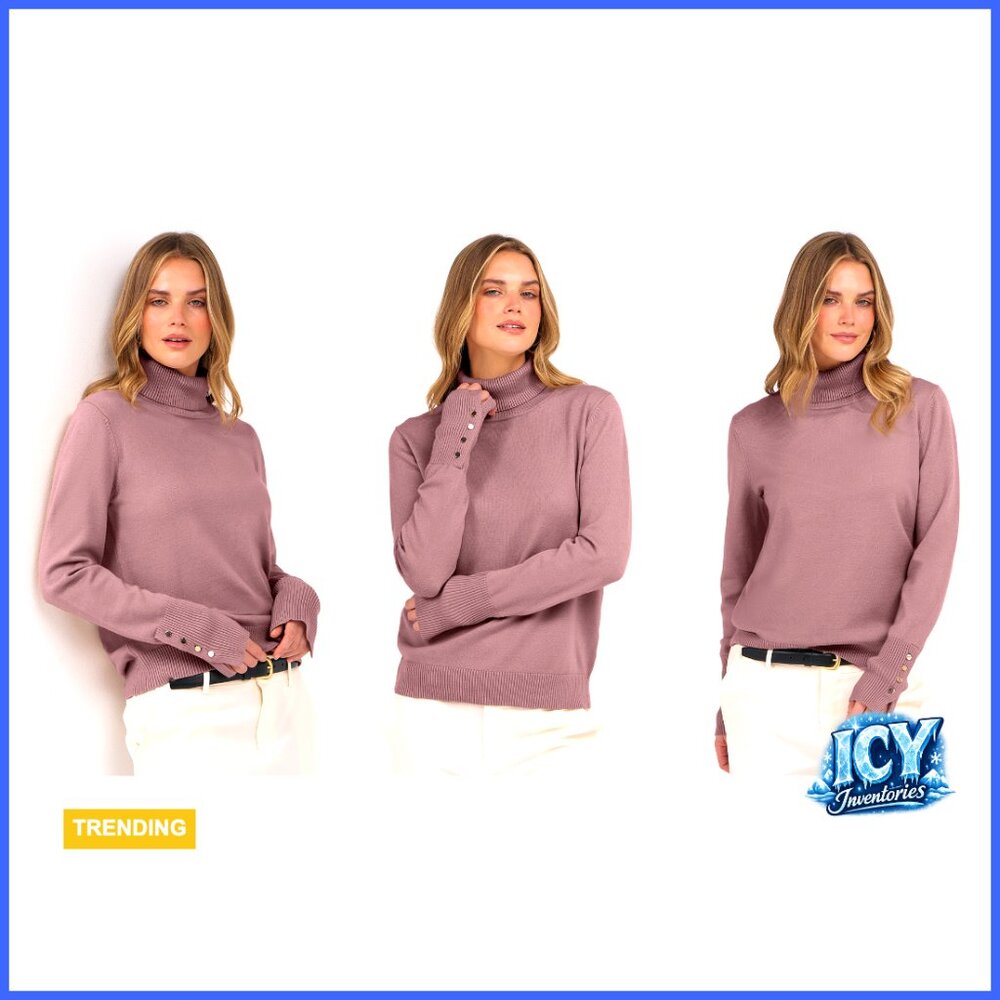 Turtleneck Pullover Sweater Long Sleeve Button Cuff Soft Knitted Top - Picture 7 of 7